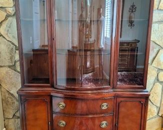 1940's mahogany china cabinet, by Drexel, "Travis Court" collection, w/curved front glass, original brass pulls.