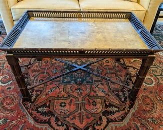 AMAZING faux bamboo/gold-leafed top coffee table, w/stretcher, by John Widdicomb, Mario Buatta Collection.