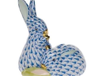 Herend pair of porcelain rabbits with corn, porcelain blue fishnet,  hand-painted with 24K gold accents. 3 ¼" T, Hungary.