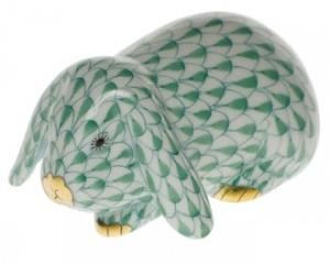 Herend lop-eared bunny , in green fishnet porcelain,  hand-painted with 24K gold accents, Hungary; measures 3¼" W x 2⅛" D x 1½" T.