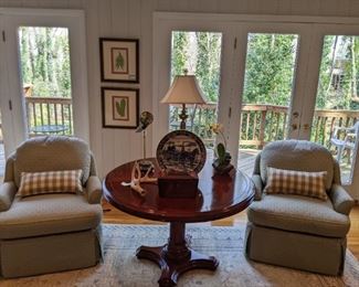 Round mahogany table, by Century Furniture Co., pair of nicely upholstered armchairs, by Brandywine Designer Furniture, w/ Calico Corners fabric.
