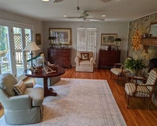 Long view of the den, with wonderful Turkish Oushak rug measuring 11' 6" x 8' 5", pair of Bergere armchairs, delicious 1830's 5-drawer mahogany chest, 1920's mahogany chest and nicely framed/matted artwork.