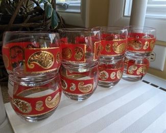 Mid-Century Culver red & gold paisley highball glasses - set of 8.