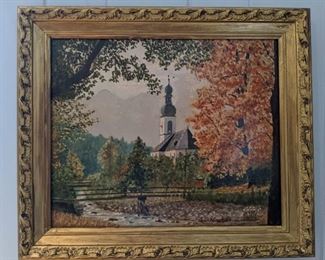 Nicely framed original oil on board, by L. Schone, 1963, Parish Church of St. Sebastian -a Catholic church in Ramsau bei Berchtesgaden, Germany.