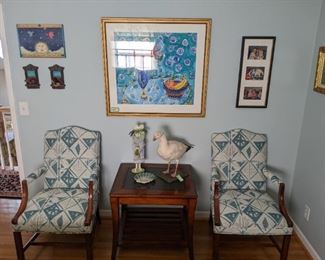 Pair of 1980's upholstered armchairs, sturday wooden side table with lower shelf, cute, taxidermied duck and nicely framed original watercolor, by Deborah Cavanaugh, "The Gift of Clarity", of Boulder, CO.