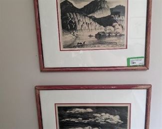 Nicely framed/matted faux bamboo frames original pencil and ink, on paper, by Philip Clieney, the other is "Pelican's on Posts", by Adolf Arthur Dehn.