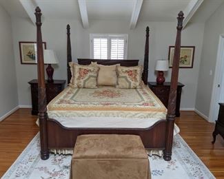Stately Thomasville "Ernest Hemingway Collection" king size mahogany poster bed (with very comfy mattress topper) pair of matching mahogany 3-drawer nightstands, very expensive French Aubusson bed linens, with pair of nicely trimmed matching pillows, pair of nicely framed, original Asian botanical watercolors.