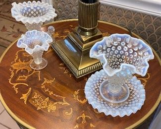 Moonstone Glass, French Enlayed Table, Brass and Black Lamp