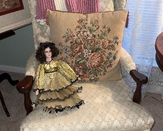 Wing Back Chair, Bed Doll, Tapestry Pillow, Crocheted Afgan
