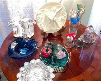 Venetian Art Glass, Victorian Figurines, George Briard Glass Figural Stir Sticks, Crystal Bells, Glass Fruit