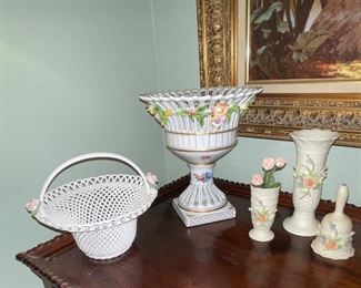Lace Basket, Lefton Vases, Limoges Large Footed  Compote