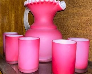 Fenton Cranberry Satin Glass Pitcher and Glasses