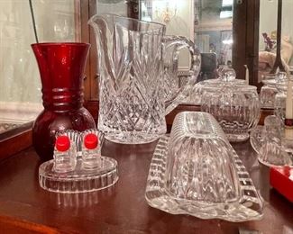Crystal Mikasa Butter Dish,  Mikasa Crystal Pitcher, Mustard Jar, Salt & Pepper
