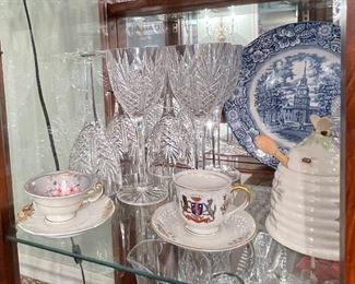Cups and Saucers, Lenox Bee Hive Honey Pot, Crystal Wine Goblets, Liberty Blue Plates, Crystal Napkin Holder