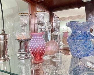 Cranberry Hobnail Small Vase, Mikasa Candle Holders, Silver-plated Toothpick holder and More