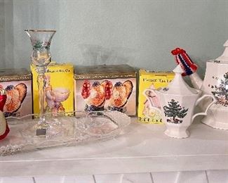 Nikko Christmastime Tea Pot, Creamer and Sugar, Turkey Salt and Pepper Shakers, Santa and Mrs Claus Salt and Pepper, Mikasa Christmas Plate