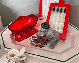 George Briard Glass Stir Sticks, Fenton Glass Sleigh , Spode Candle Holder, Christmas Tree Platter