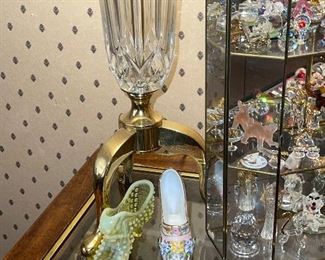 Fenton Vaseline Glass Shoe, Crystal and Brass Lamp