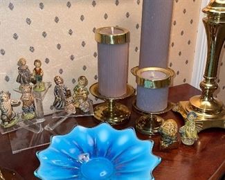 Blue Dish, Set of Brass Candle Holders with Candles, 