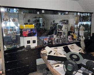 Millennium Brand Black Wall Unit for Behind your Bed Black Lacquer Matching Dresser with Lighted Hutch is in Garage Upstairs bedroom on left