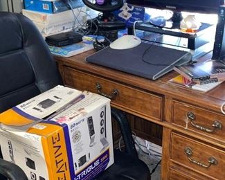 Nice Solid Wood Office Desk, Office Chair, Computer, Large Screen Gaming Monitor 