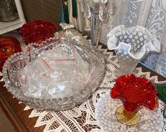 Crystal Bowl, Crystal Chandelier p
Prisms, Fenton Moonstone Hobnail Vase, Fenton Orange Hobnail