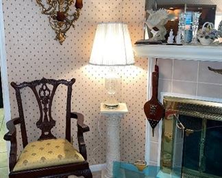 Homco Wall Sconce, 2 Heavy Carved Greek Style Pedestals, Carved Mahogany Chair, Glass Magazine Holder, foot Stool, Crystal Lamp