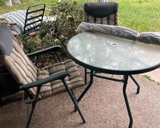 Glass Top Table, Umbrella and Two Chairs