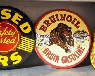 Metal Button Signs, Qty 3, 12" Diameter Including Gilmore Gasoline, Bruinoil Gasoline And Used Cars