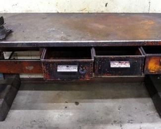 Metal 2-Drawer Shop Bench On Wood Blocks, 34" x 72" x 29" Includes 5" Bench Vise, Contents Not Included
