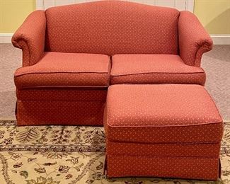 Item 45:  Loveseat & Ottoman on Casters - in fair condition: $125                                                                                Loveseat - 57"l x 20.5"w x 32"h                                                                 Ottoman - 25"l x 19.5"w x 16"h 