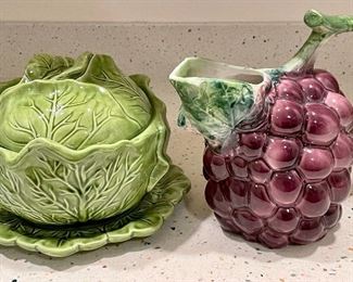 Item 219:  Covered Cabbage Dish with Underplate & Grape Pitcher (Made in Italy):  $14                                                                                        Tallest - 8"