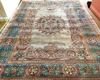 Item 47:  Another great Aubusson Rug! This one with a pale grey background, teal and pink accents, 8'9" x 11'6":  $625