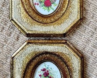 Item 80:  Italian gilt frames with floral prints, pair - 5.5" x 6.5":  $38 for pair