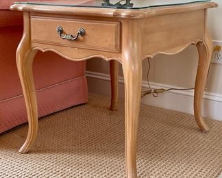 Item 23:  Blonde Ethan Allen Side Table with One Drawer and Glass Protector - 23"l x 28"w x 23.5"h: $165