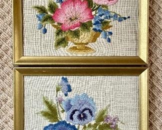 Item 81:  Elsa Williams Needlecraft Creations Framed Floral Embroidery, pair - 11" x 11":  $45