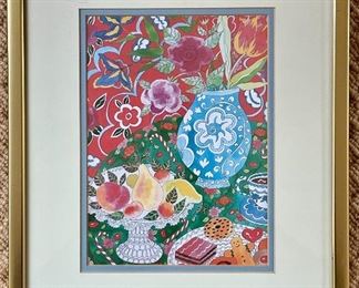 Item 83:  Framed Whimsical Print with Blue Vase - 10.5" x 12.5":  $14