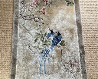 Item 57:  Silk Oriental Style Rug with Blue Birds (issue with fringe- please see photos) - 27.5" x 60":  $165