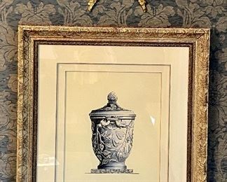 Item 72:  Decorative Framed Urn Print with Beautiful Frame and Brass Ribbon (A) - 21.25" x 24.5":  $95