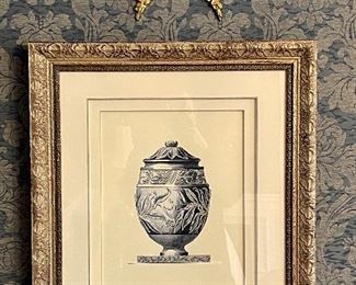 Item 73:  Decorative Framed Urn Print with Beautiful Frame and Brass Ribbon (B) - 21.25" x 24.5":  $95