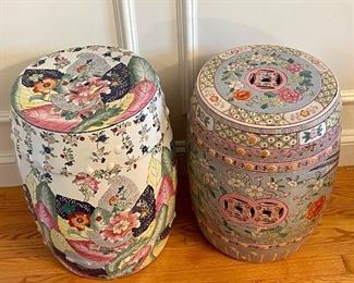 Item 95:  Asian Decorated Garden Stools (left) - 12" x 19":  $125     SOLD                                                                                                           Item 96:  Asian Decorated Garden Stool (right) - 12" x 18.5":  $95 (SOLD)