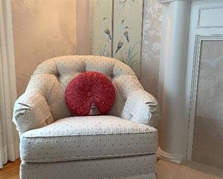 Item 10:  Ethan Allen Tufted Back Armchair (2) with Pillow and antimacassars - 35"l x 21"w x 34.5"h:  $625 for pair