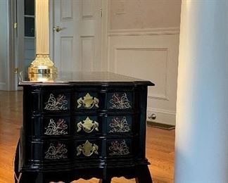 Item 15:  Ethan Allen Classics Mahogany TV Tray Table Cabinet - It is a cabinet, night stand size, that holds 3 TV tray tables, Asian inspired, polished ebony finish - 16"l x 22.75"w x 22"h:  $285