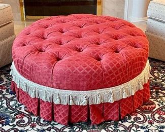 Item 3:  Ethan Allen Tufted Ottoman with White Fringe and Tassels - Deep Pink Color - 36" x 15":  $425