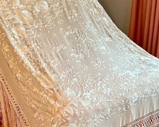 Item 185:  Gorgeous Ivory Embroidered Shawl/Coverlet/Tablecloth with long fringe:  $125