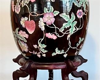 Item 12:  Black, Lidded Vessel Decorated w/ Flowers and Butterflies and Strawberries atop 2-level Asian Stand - 16.5": $45