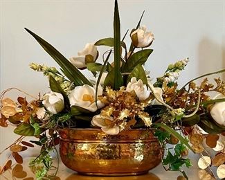 Item 110:  Faux Flowers with Gold Money Plant in Brass Container - 16":  $28