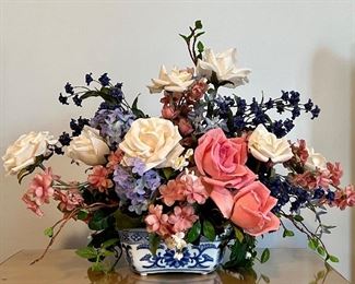 Item 109:  Floral Arrangement with Shallow Blue and White Pot - 15":  $28