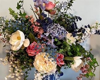 Item 111:  Faux Flowers in Taller Asian Inspired Vase (white & blue hydrangeas) - 23":  $38