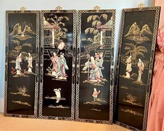 Item 14:  (4) Set of Four Antique Chinoserie Lacquered Wood Wall Panels with Jade Scenes - 12" x 37.25":  $395